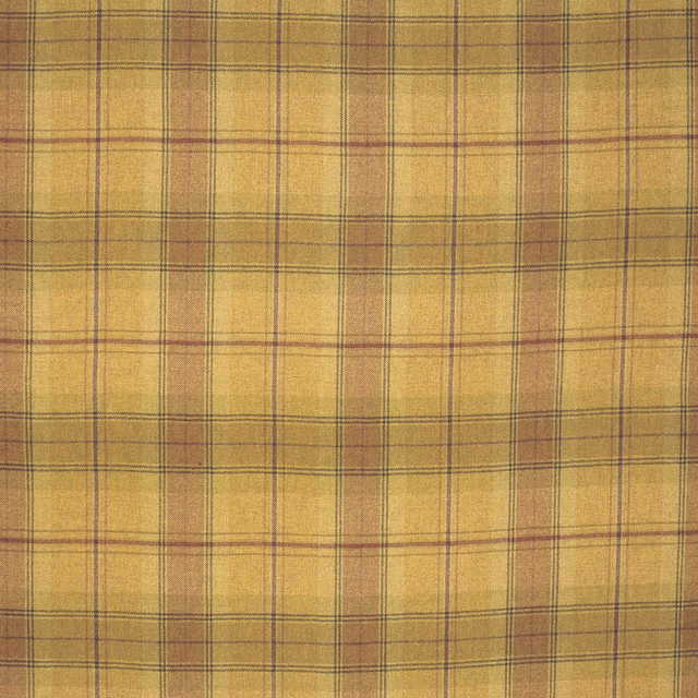 Muted ochre wool plaid with blue-grey and russet lines in a woven texture