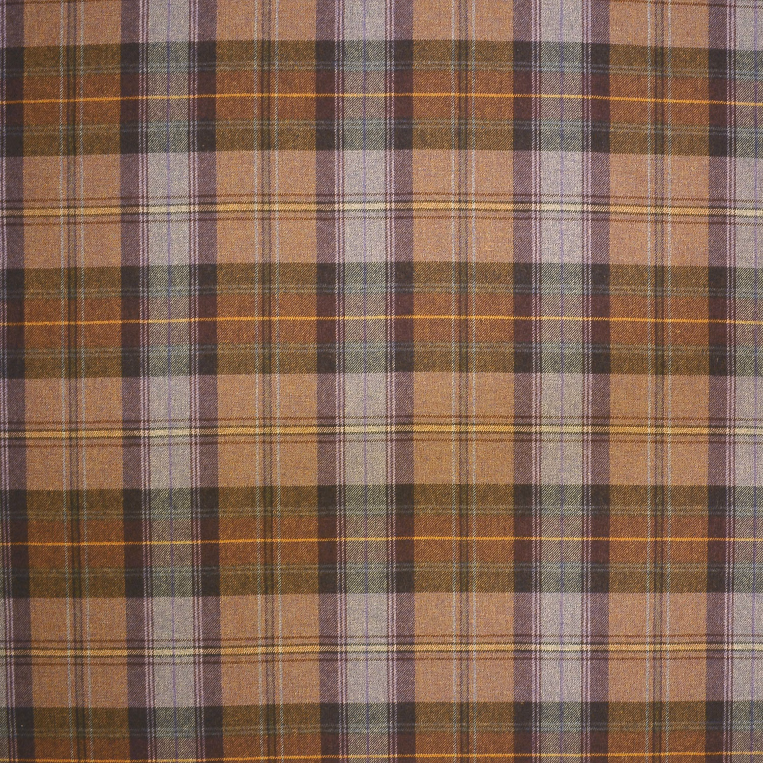 Muted mauve, brown and olive wool plaid with fine linear overchecks