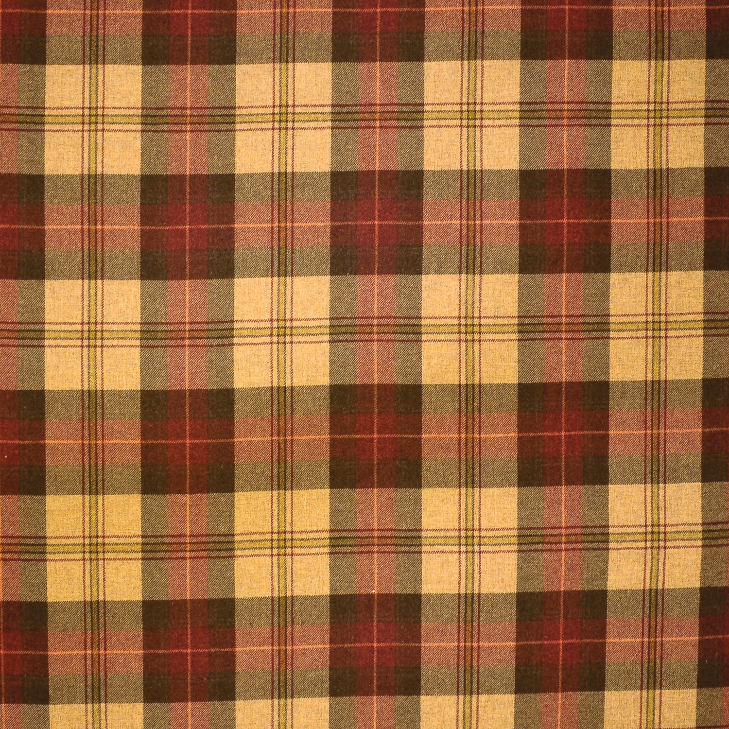 Mustard, burgundy and olive wool plaid with fine dark intersecting lines