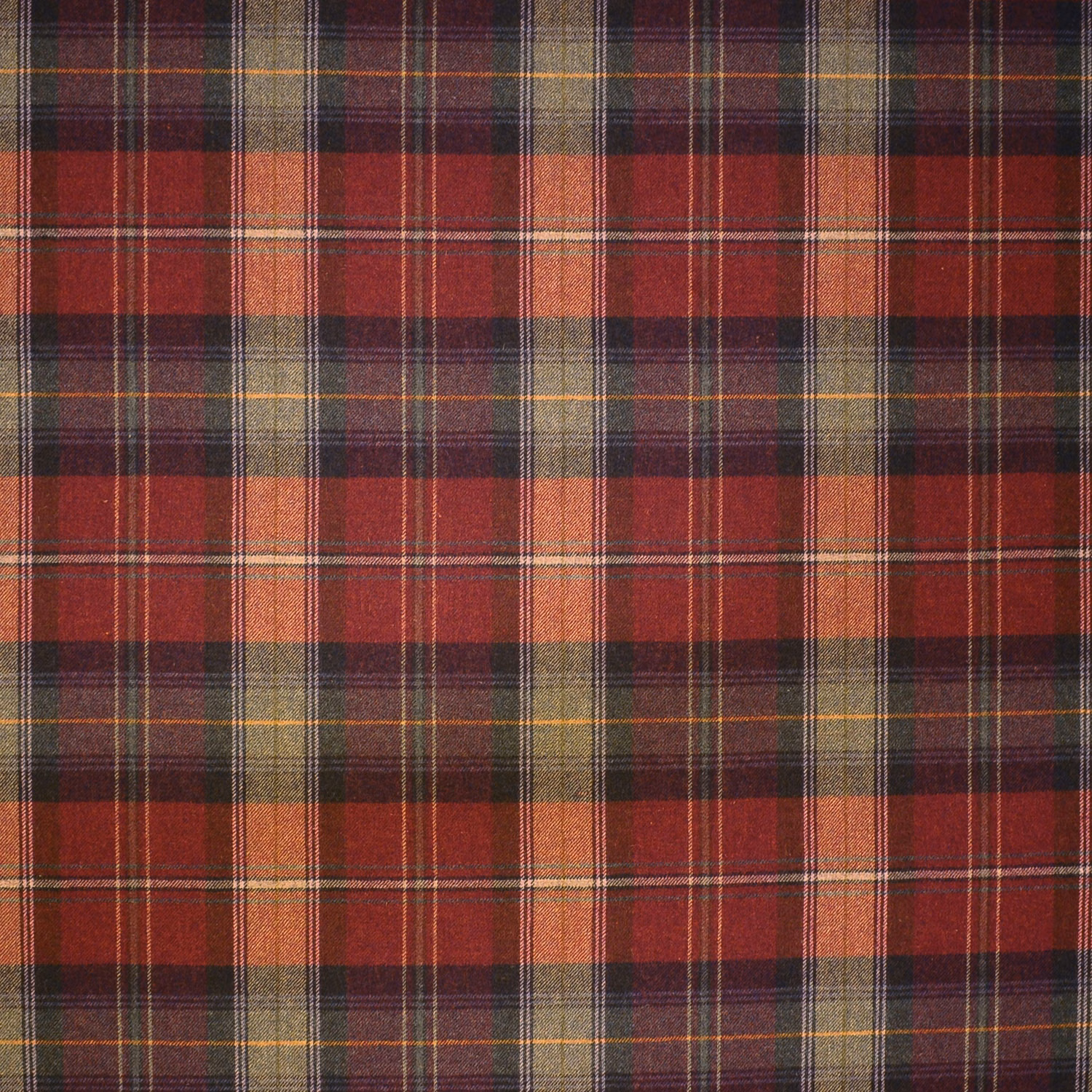 Deep burgundy, rust and charcoal tartan with olive and ochre woven overchecks