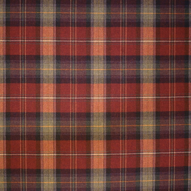 Deep burgundy, rust and charcoal tartan with olive and ochre woven overchecks