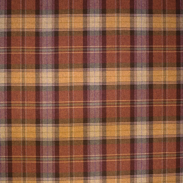 Muted terracotta wool plaid with ochre, cream and plum woven checks