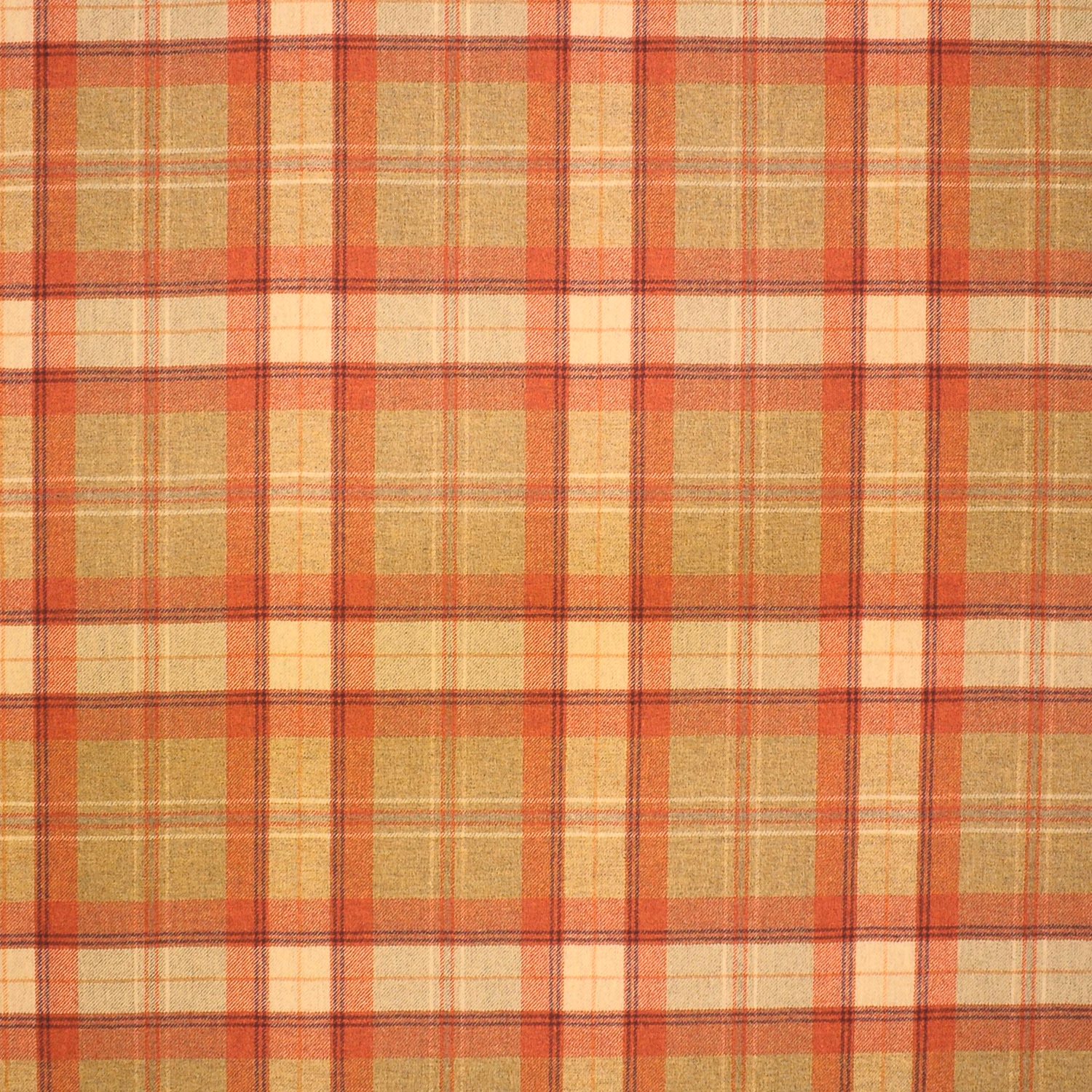 Warm camel plaid fabric with cream and rust-red woven checks and softly brushed texture