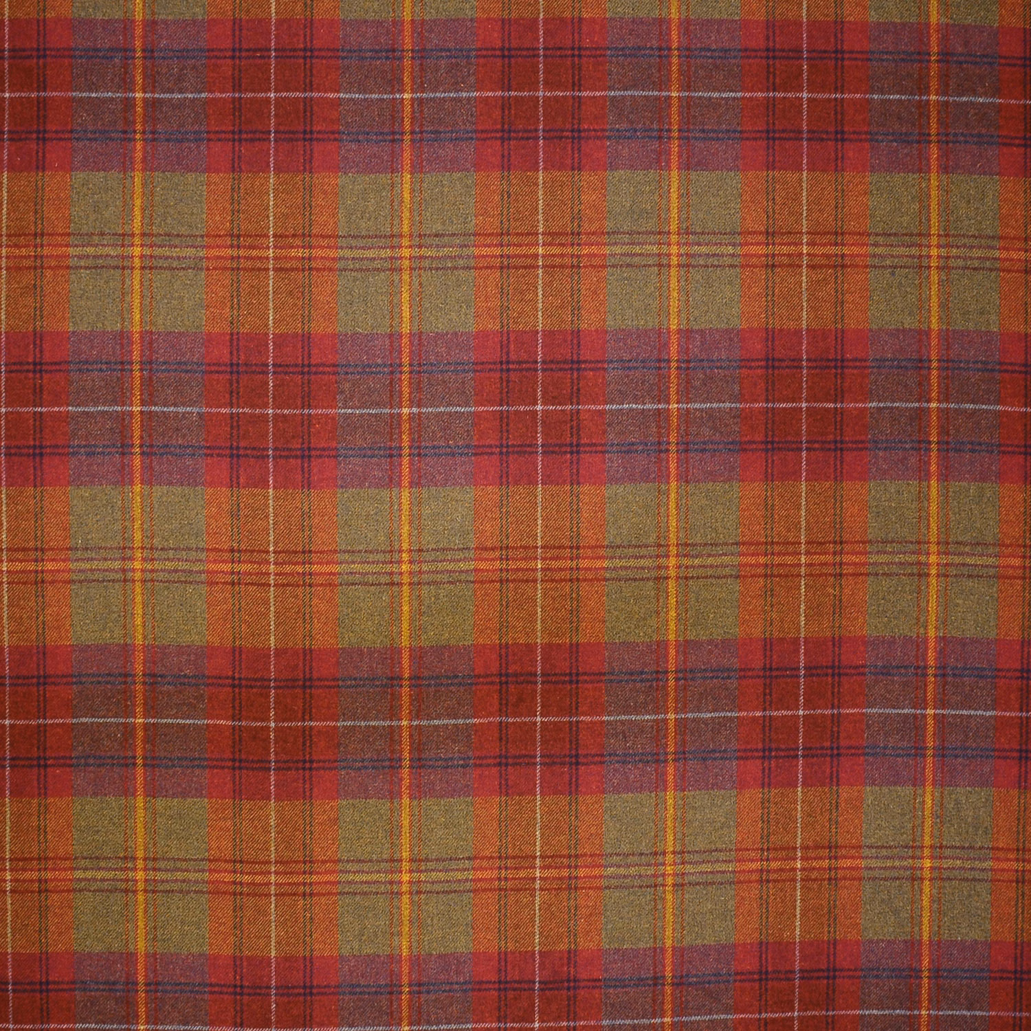 Russet and burgundy wool plaid with olive blocks and fine mustard and navy lines