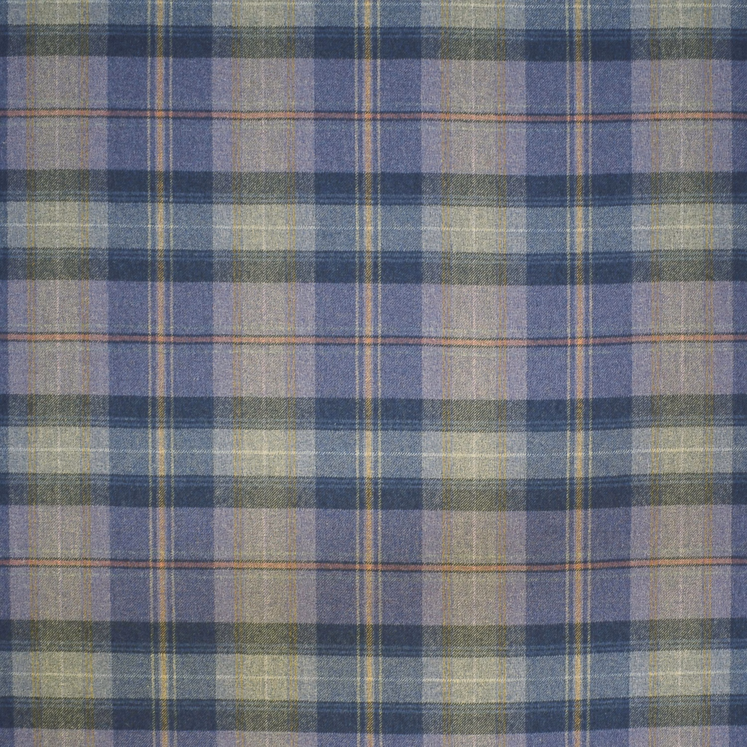 Muted blue, lilac and grey wool plaid with layered checks and fine woven lines