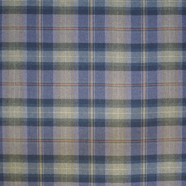 Muted blue, lilac and grey wool plaid with layered checks and fine woven lines