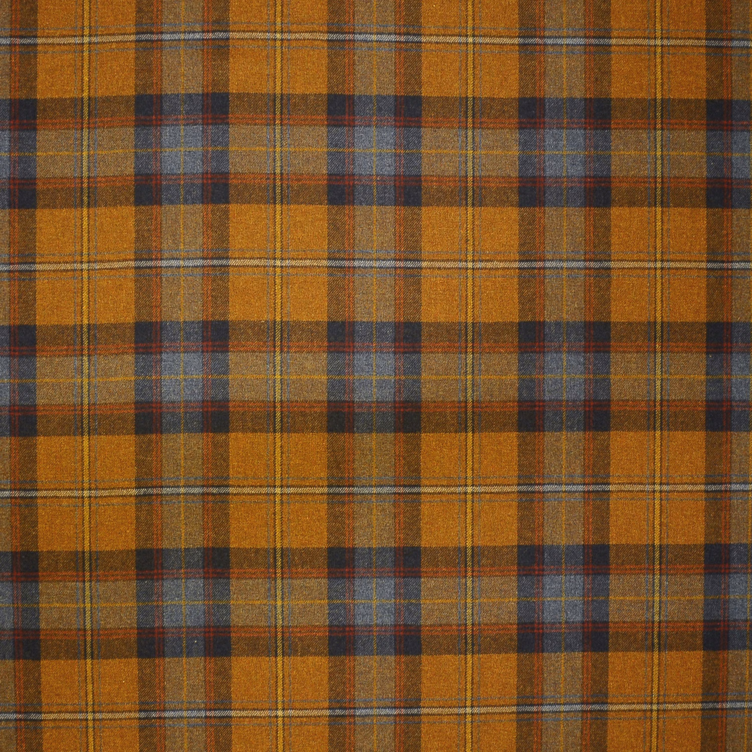 Ochre wool plaid with navy, charcoal and rust bands in a woven check