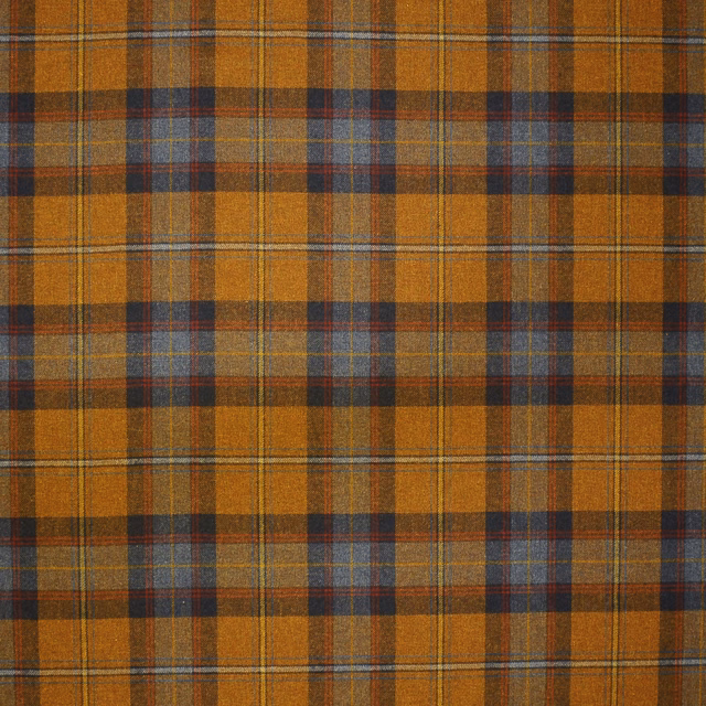 Ochre wool plaid with navy, charcoal and rust bands in a woven check