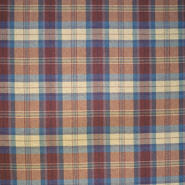 Burgundy, blue and oat plaid with fine woven lines in wool