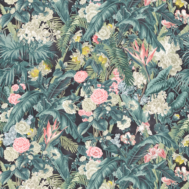 Dense tropical foliage with cream, pink and yellow flowers on a deep teal ground