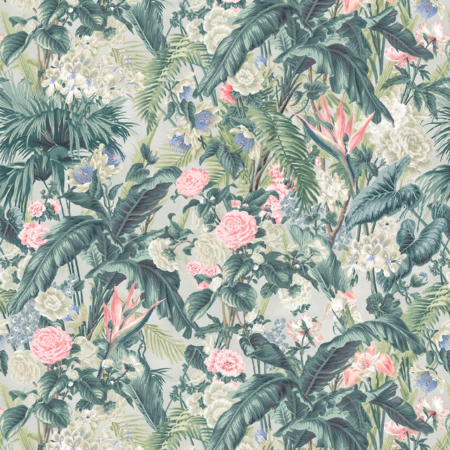 Aqua linen fabric with dense tropical leaves, pink roses, white flowers and blue botanical accents