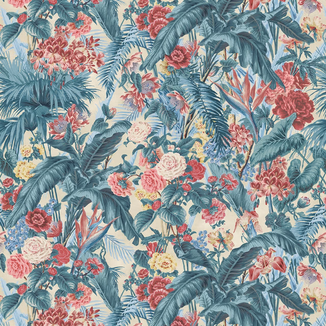 Dense teal tropical leaves with rose, coral and burgundy flowers on a cream ground