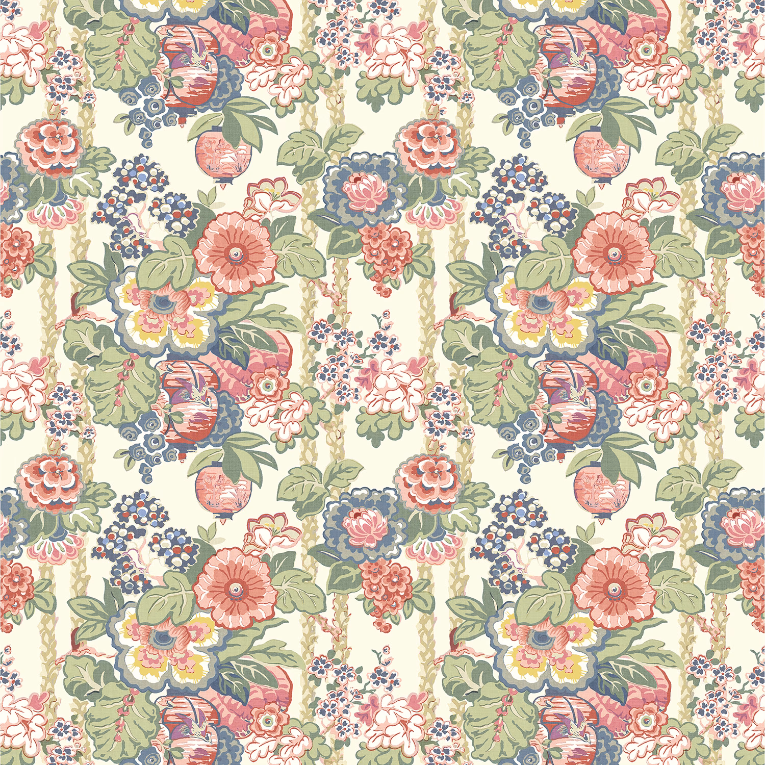 Cream linen floral print with sage leaves, coral blooms, blue and yellow flower details