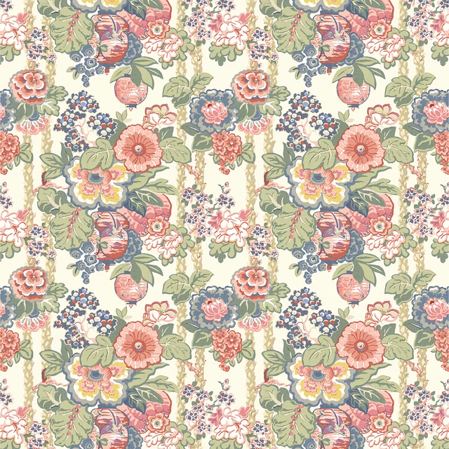 Cream linen floral print with sage leaves, coral blooms, blue and yellow flower details