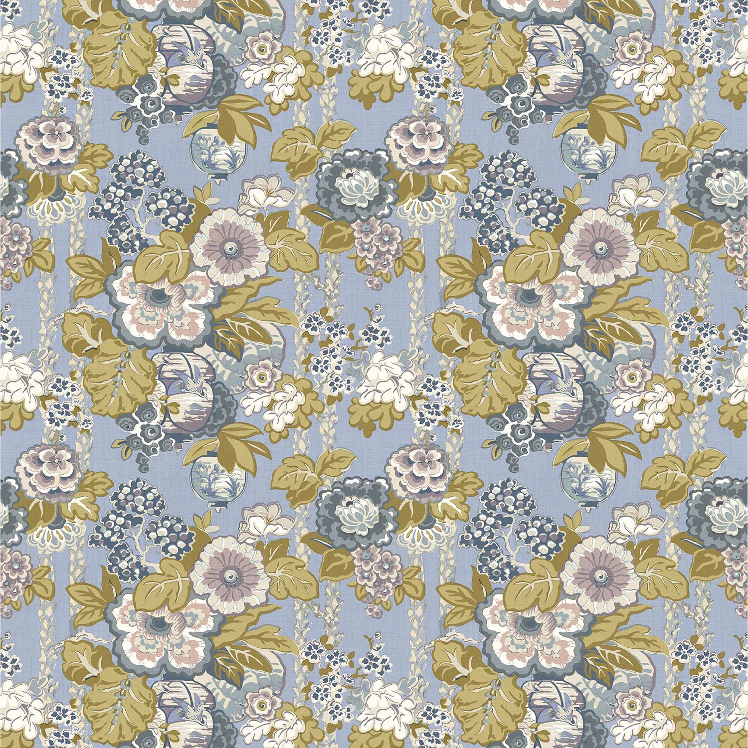 Dense blue-lilac floral print with olive leaves and pale botanical blooms