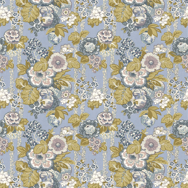 Dense blue-lilac floral print with olive leaves and pale botanical blooms