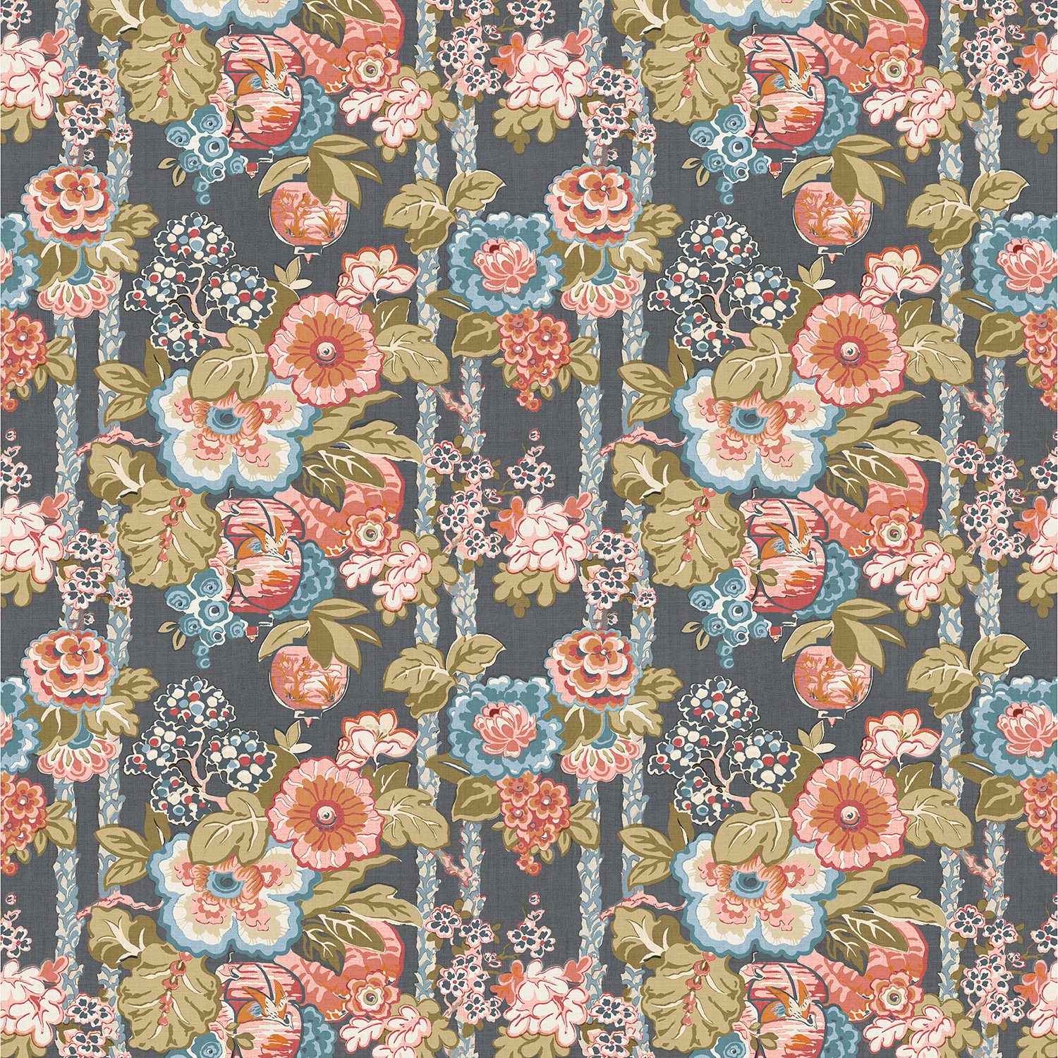 Deep blue-grey linen with coral, ginger, teal and olive botanical bouquets