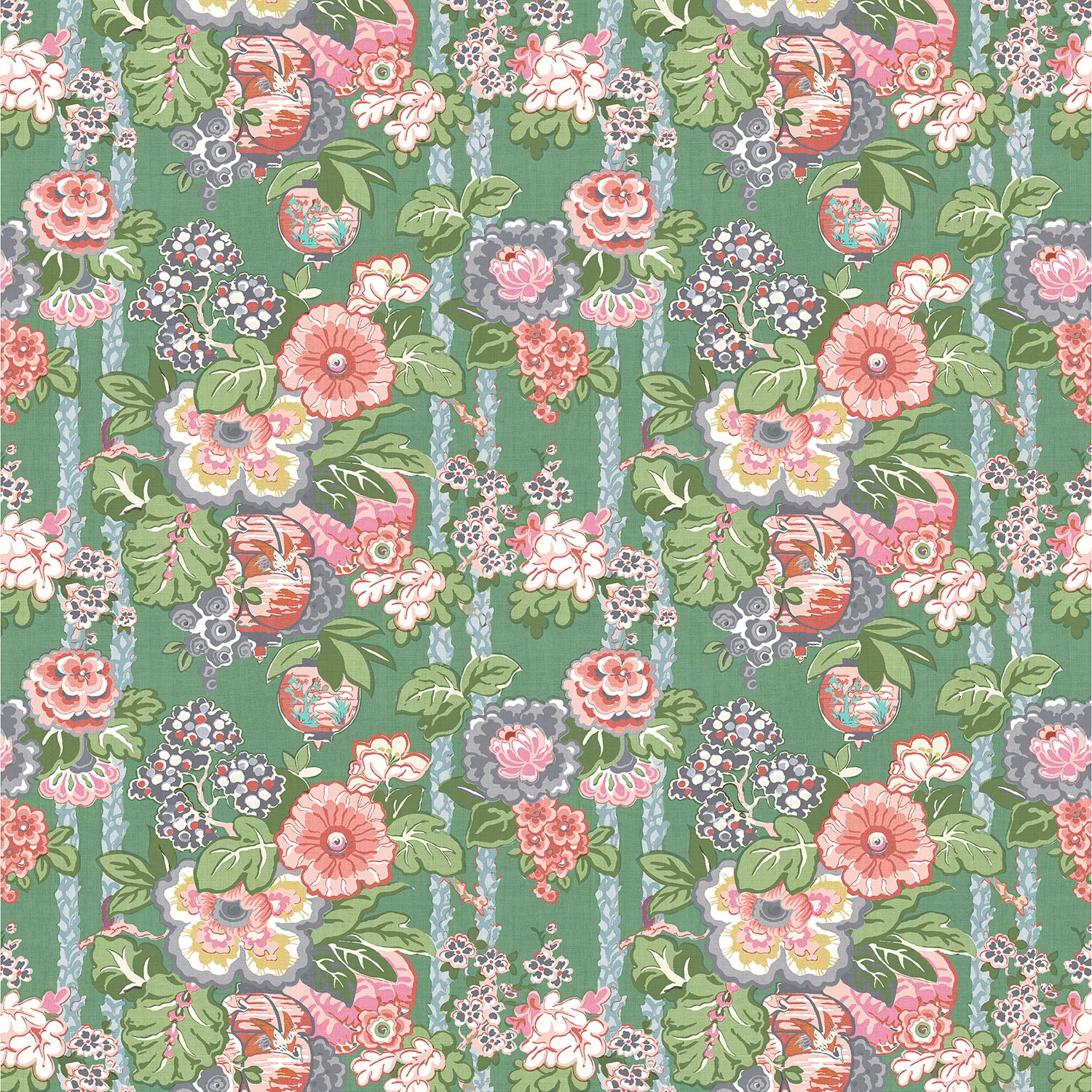 Aqua-green linen floral print with coral, pink and cream blossoms