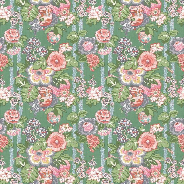 Aqua-green linen floral print with coral, pink and cream blossoms