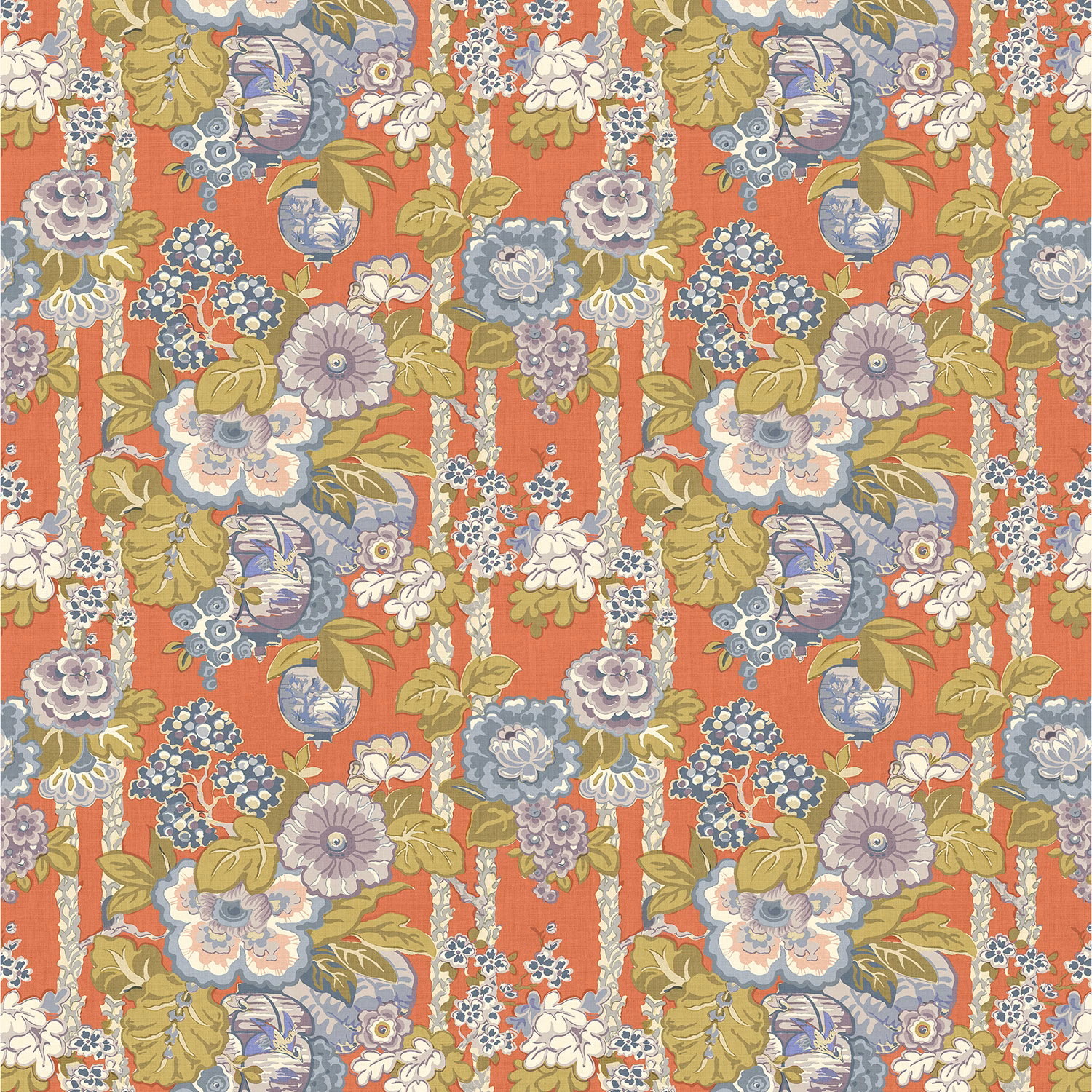Terracotta linen floral print with blue-grey blooms, olive leaves and cream highlights