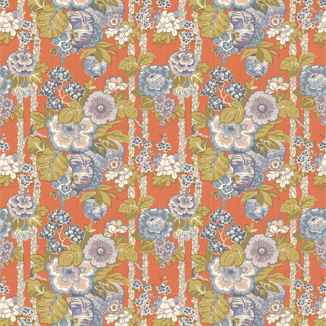 Terracotta linen floral print with blue-grey blooms, olive leaves and cream highlights