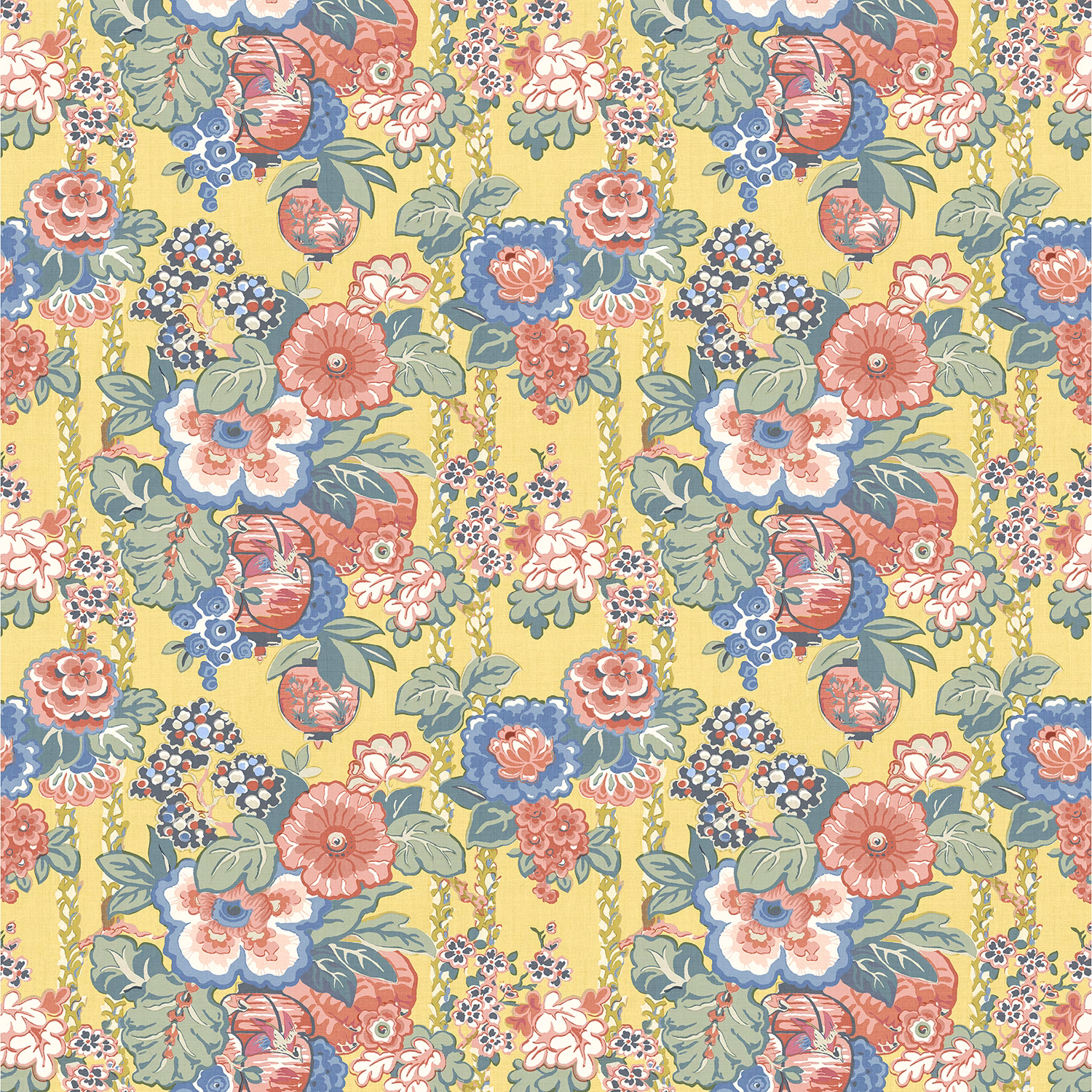 Warm yellow linen with coral, blue and sage floral bouquets in a dense repeat