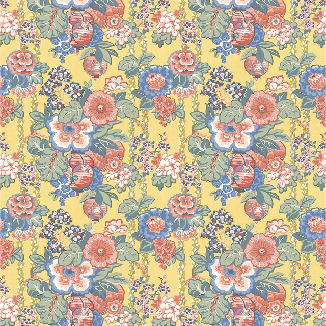 Warm yellow linen with coral, blue and sage floral bouquets in a dense repeat