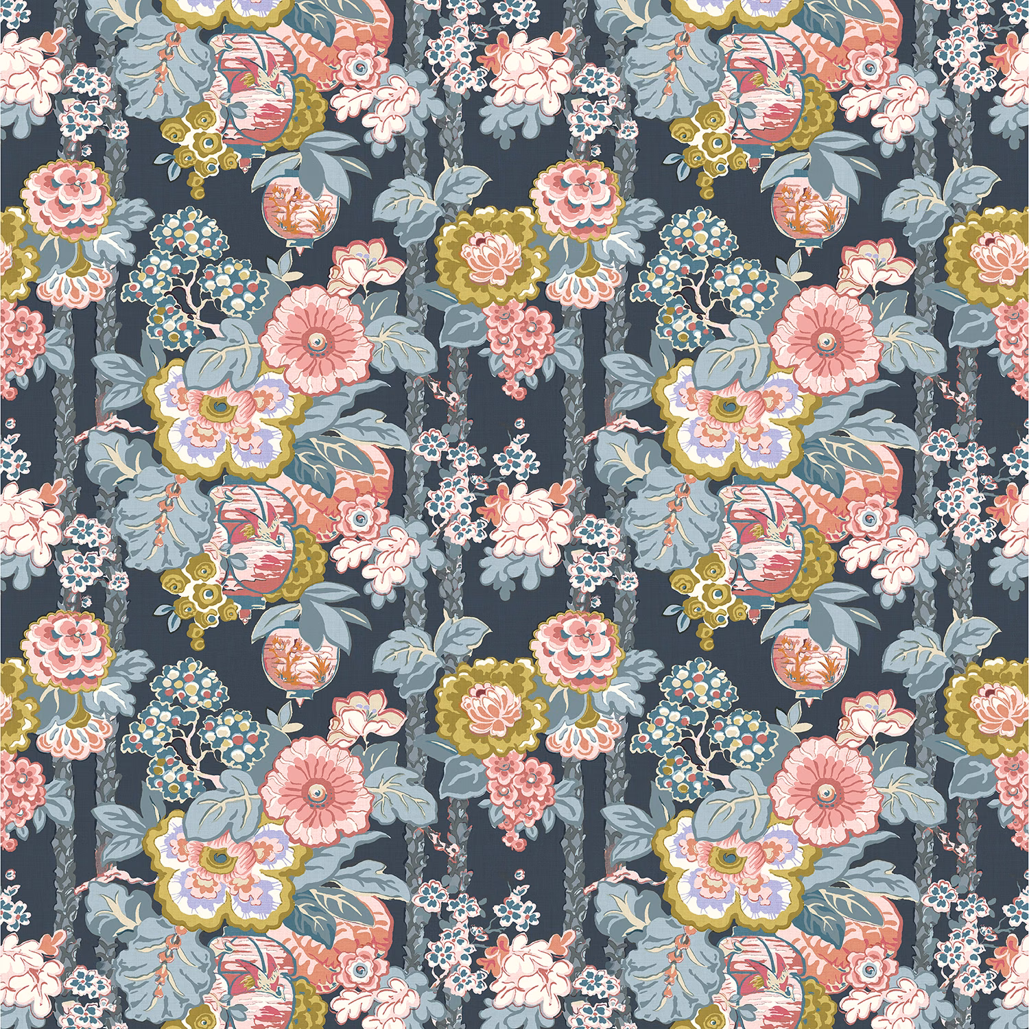 Blue-grey linen floral print with lilac leaves, pink blooms, coral and ochre accents