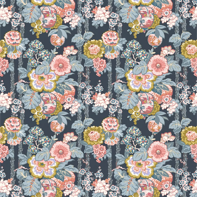 Blue-grey linen floral print with lilac leaves, pink blooms, coral and ochre accents