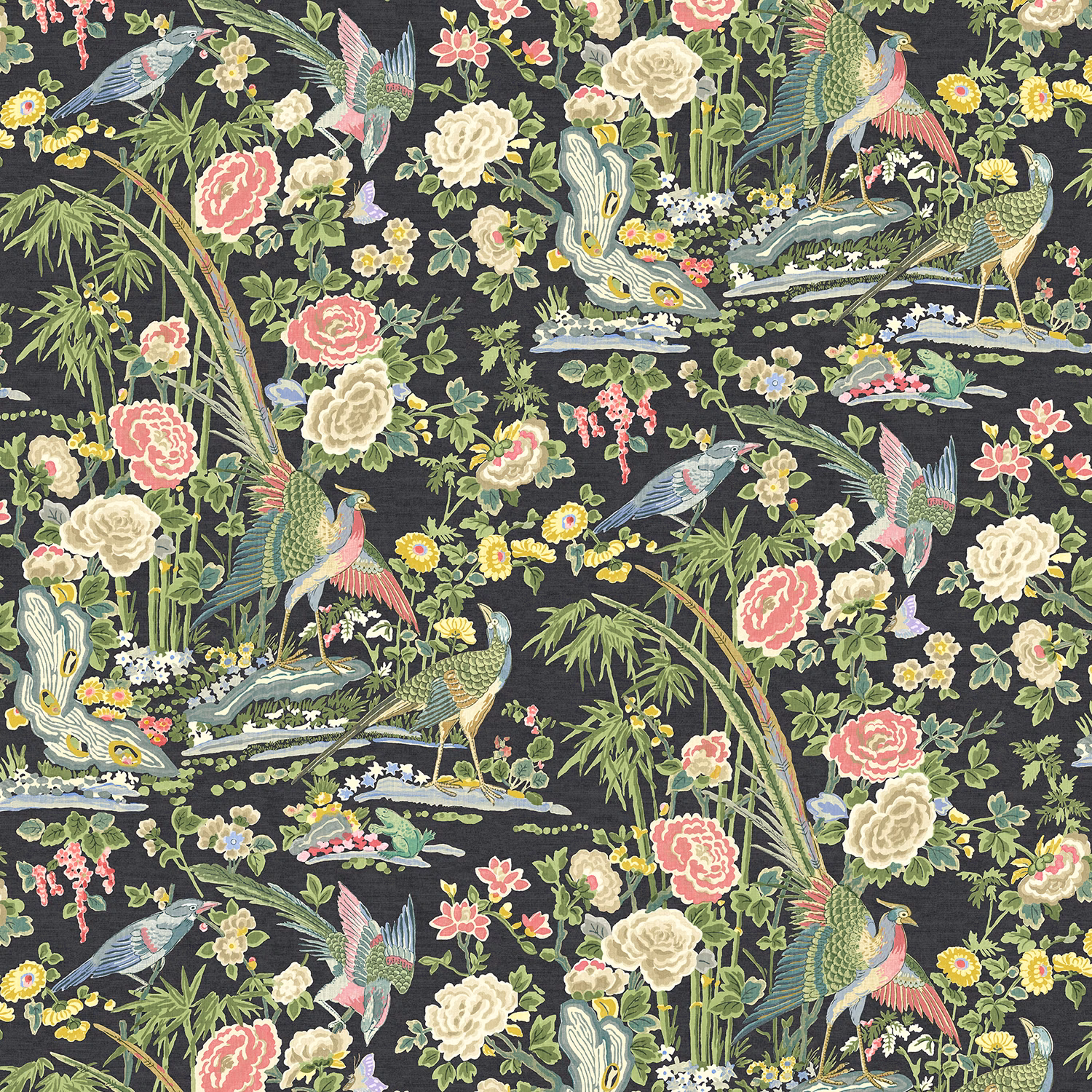 Charcoal linen with aqua birds, bamboo, coral flowers and cream blooms