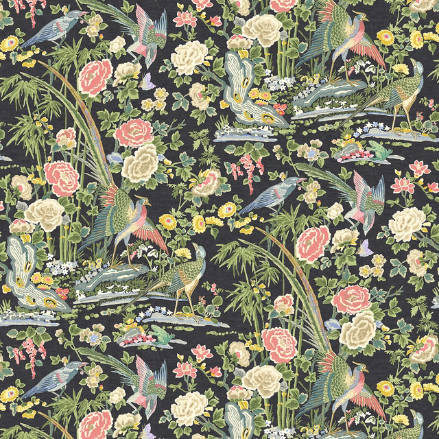 Charcoal linen with aqua birds, bamboo, coral flowers and cream blooms