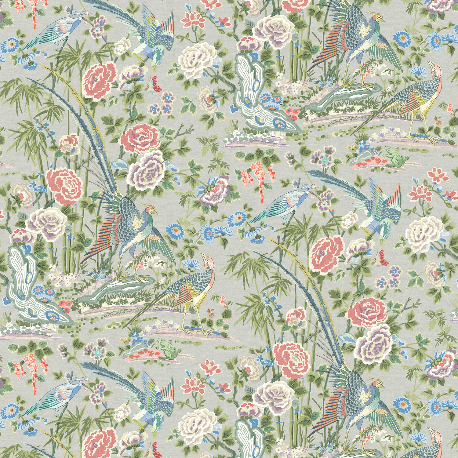 French grey linen with coral peonies, birds, bamboo and blue-green foliage