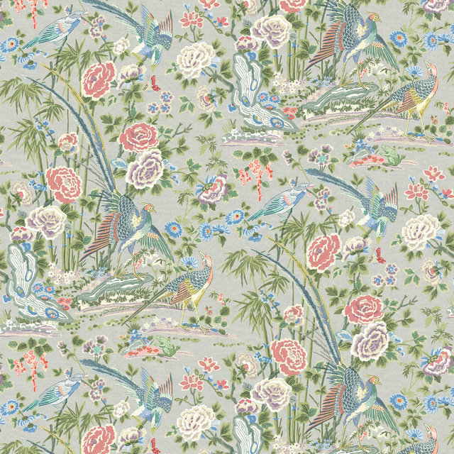 French grey linen with coral peonies, birds, bamboo and blue-green foliage