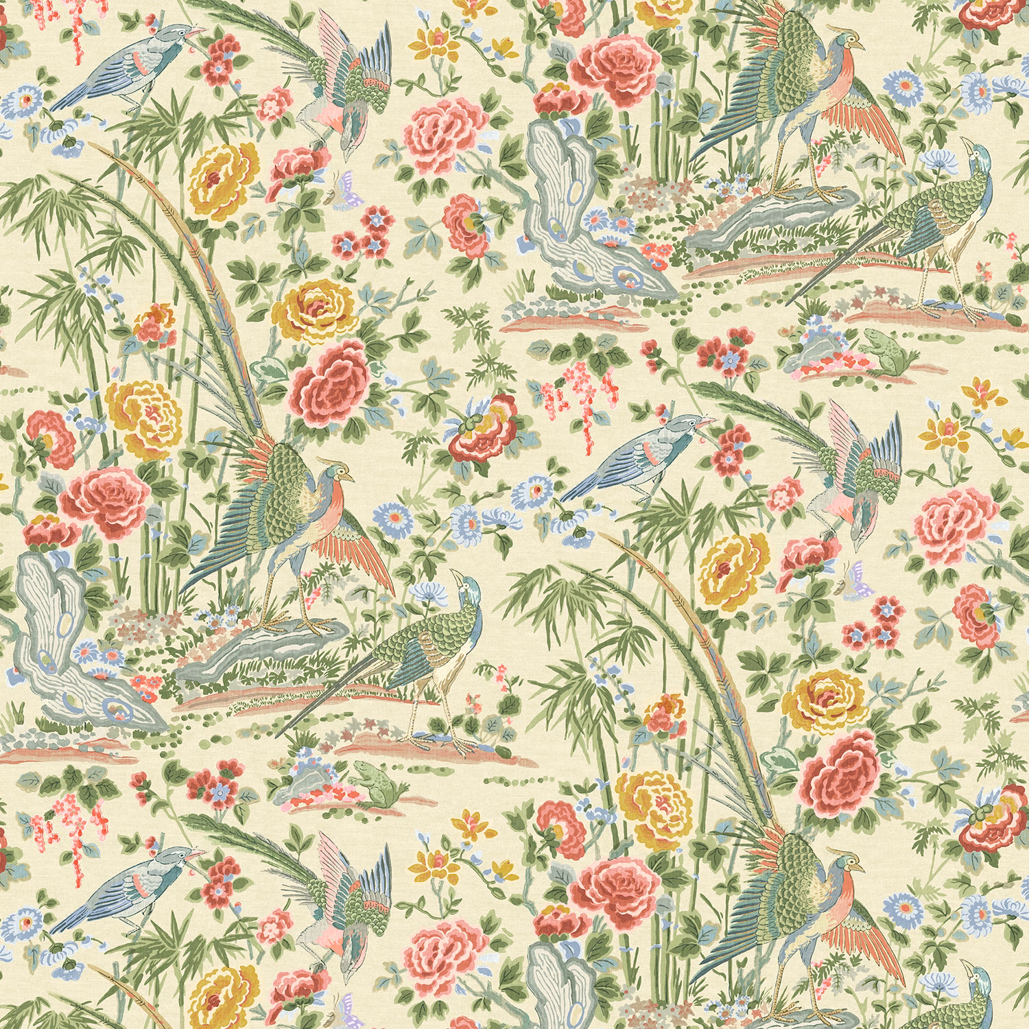 Pale primrose linen print with cranes, bamboo, roses and blue-green garden foliage