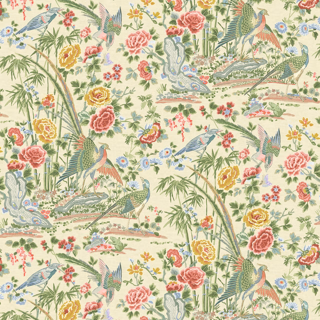 Pale primrose linen print with cranes, bamboo, roses and blue-green garden foliage