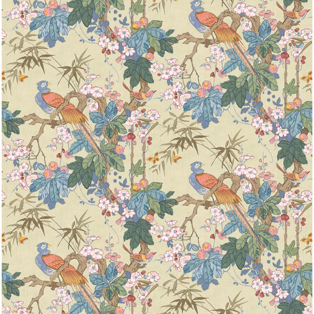 Aloe linen with blue-green leaves, pink blossom, bamboo and perched multicoloured birds