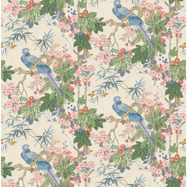Cream linen print with blue birds, green leaves, pink blossom and blue-grey bamboo sprays