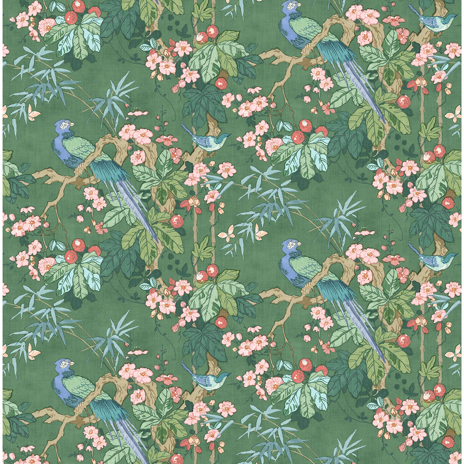 Juniper green linen with pink blossoms, red berries and blue tropical birds