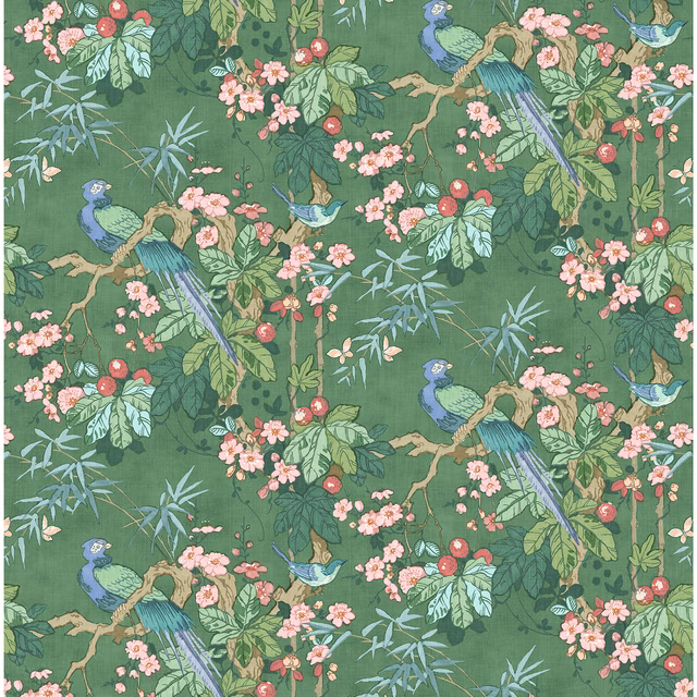 Juniper green linen with pink blossoms, red berries and blue tropical birds