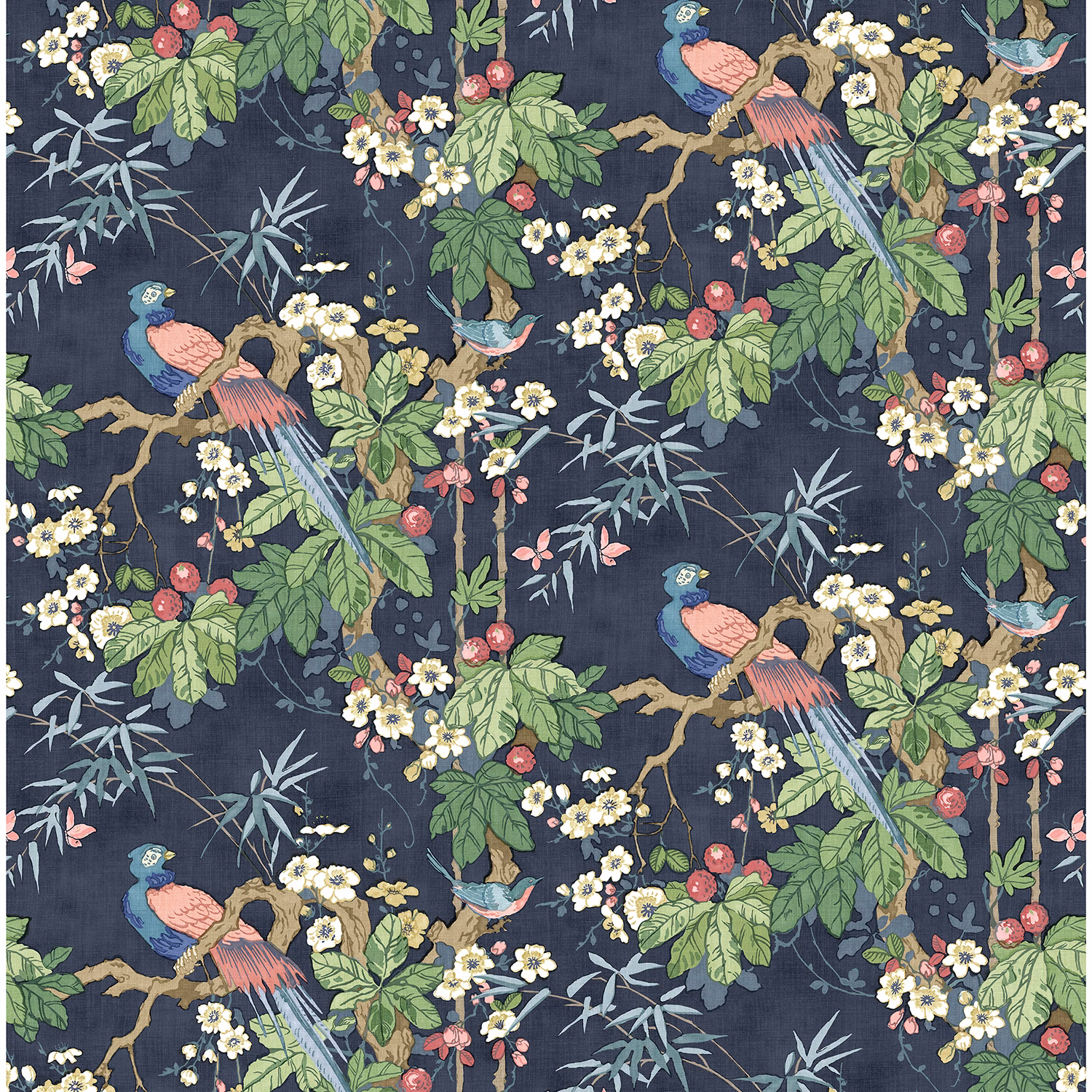 Deep navy linen print with colourful parrots, leafy branches, blossoms and red berries