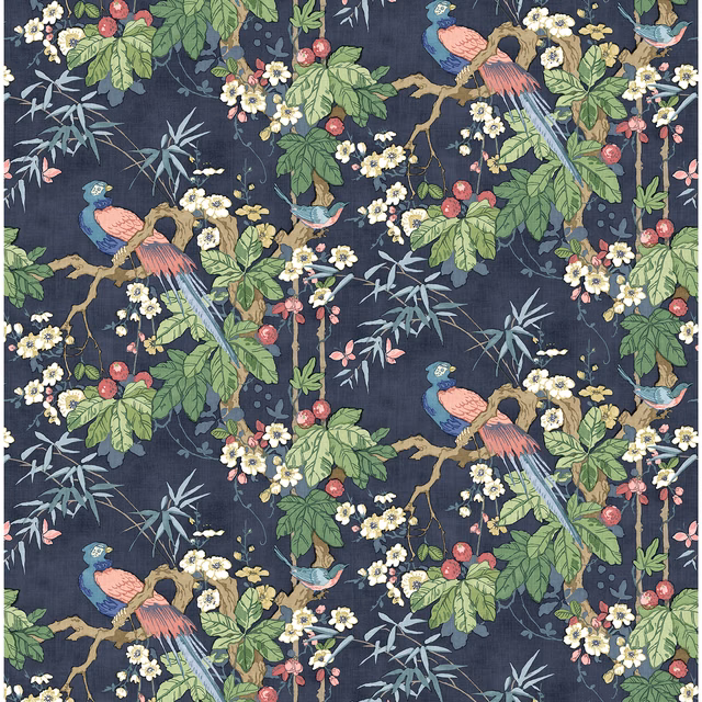 Deep navy linen print with colourful parrots, leafy branches, blossoms and red berries