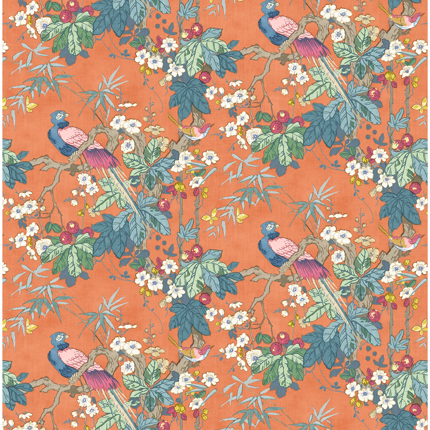 Tomato terracotta linen with tropical birds, blue-green leaves and scattered flowers