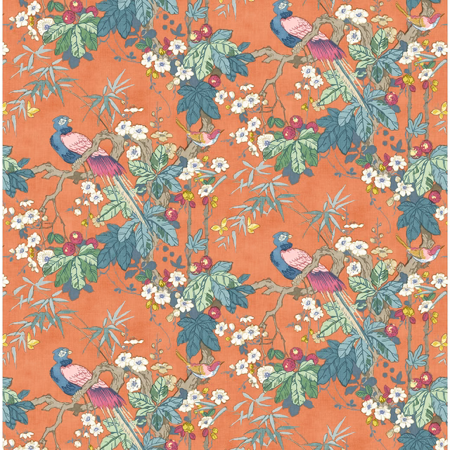 Tomato terracotta linen with tropical birds, blue-green leaves and scattered flowers