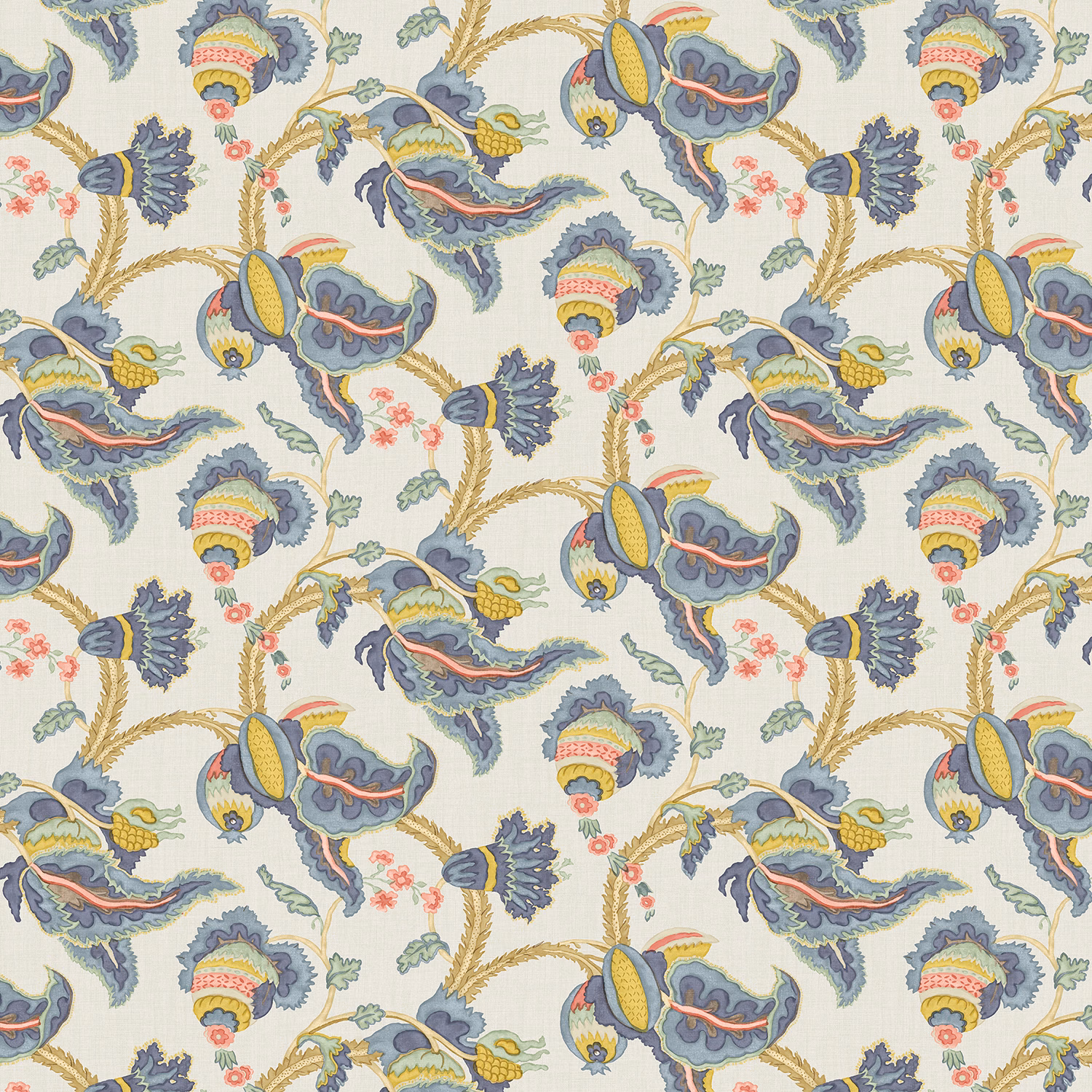 Ivory linen with citrine, blue-grey and coral stylised botanical motifs