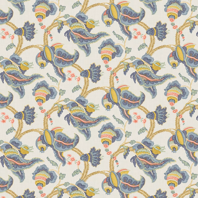 Ivory linen with citrine, blue-grey and coral stylised botanical motifs