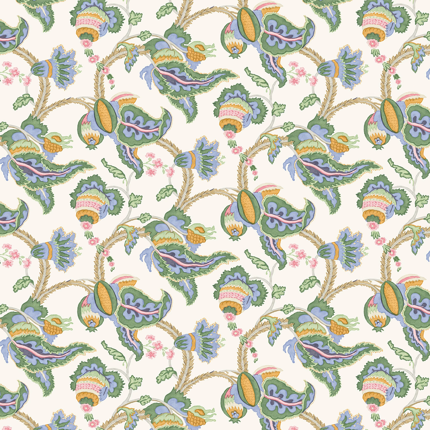 Aqua and emerald paisley botanicals with pink accents on cream linen