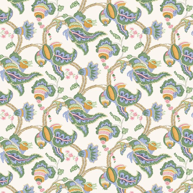 Aqua and emerald paisley botanicals with pink accents on cream linen
