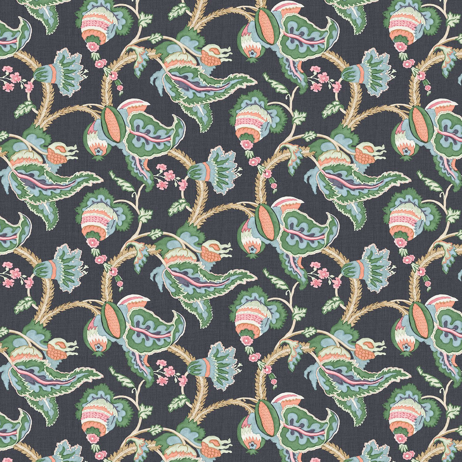 Charcoal linen with aqua, green and coral curling botanical motifs