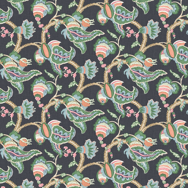 Charcoal linen with aqua, green and coral curling botanical motifs