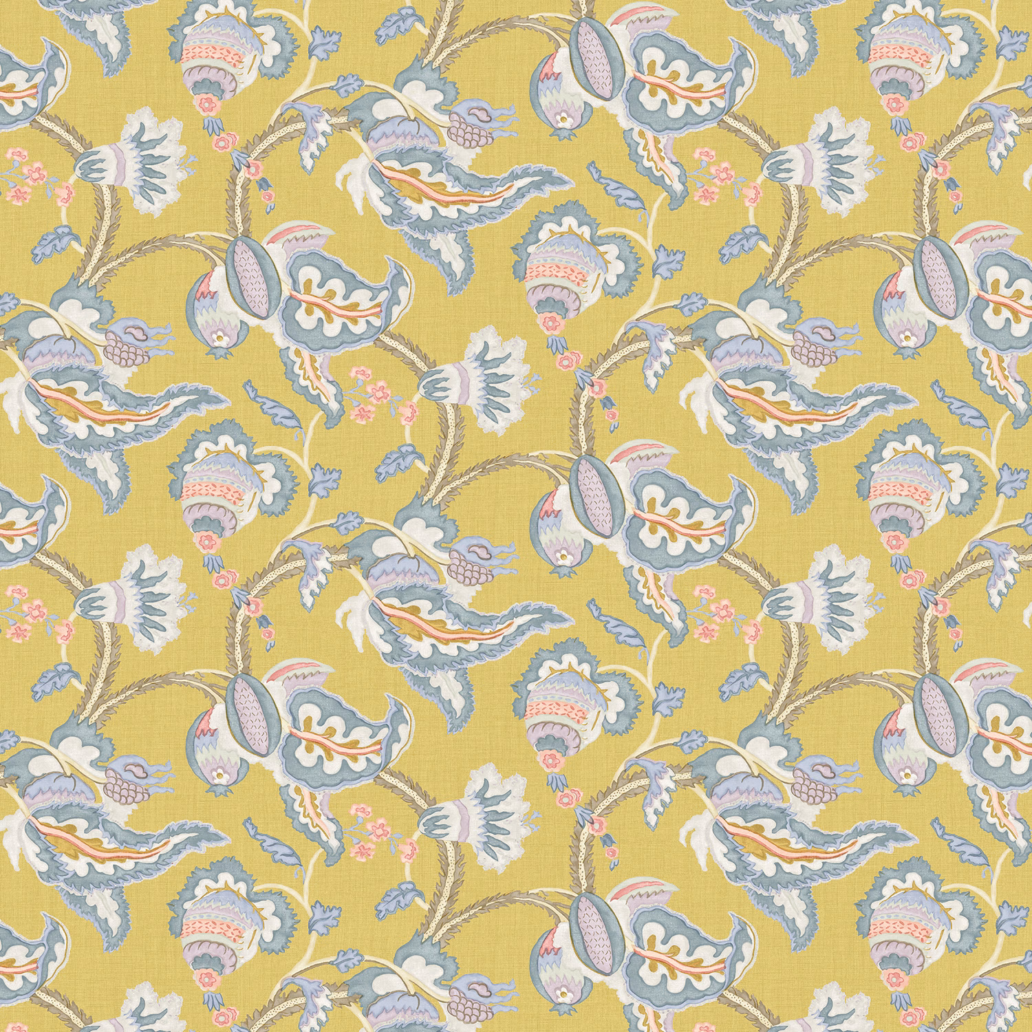 Lichen-yellow linen with blue-grey botanical paisleys, pink flowers and rust accents